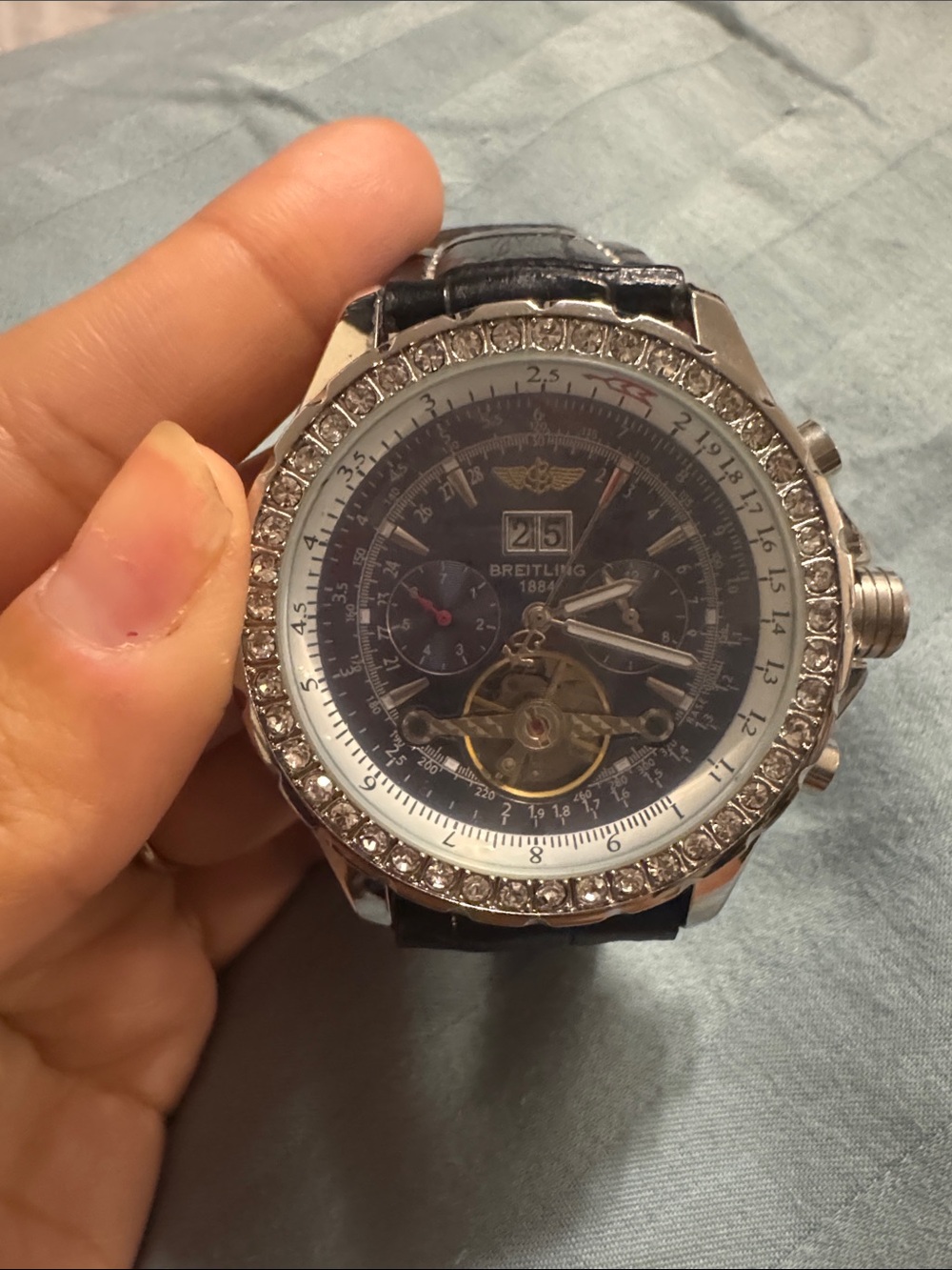 Faux Breitling Black Dial Silver Crystal Bezel Watch with Black Leather Strap